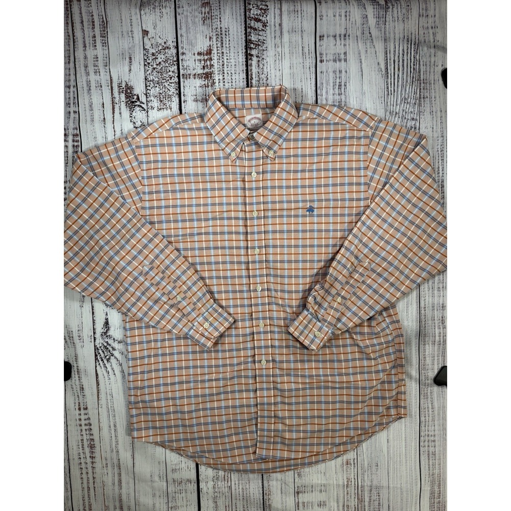 Brooks Brothers Shirt Men's Button Down Striped Plaid Orange Blue Size Large